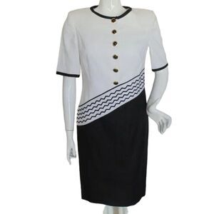 LOUIS FERAUD Dress, 8, Linen, Black/Off-White, Accented Waist, Logo Buttons